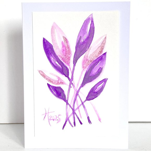 Art Funky Leaves Purple Original Watercolor Painting Handmade Greeting Card - Picture 1 of 5